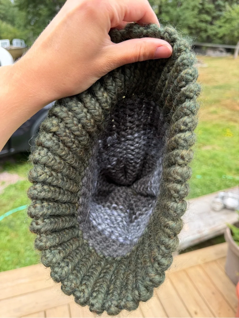 Handmade Pom-Pom Knit Beanie Hat - Olive & Gray